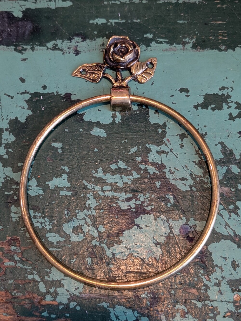 Vintage Mid-Century Modern Brass French Rose Flower Towel Ring Holder, 1950s